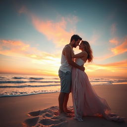 A sensual romantic scene on a beautiful beach at sunset, featuring a couple holding each other closely, surrounded by soft sand and gentle waves lapping at the shore