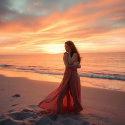 A sensual romantic scene on a beautiful beach at sunset, featuring a couple holding each other closely, surrounded by soft sand and gentle waves lapping at the shore