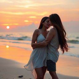 A sensual romantic scene on a beautiful beach at sunset, featuring a couple holding each other closely, surrounded by soft sand and gentle waves lapping at the shore