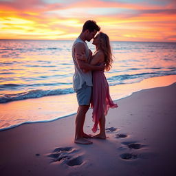 A sensual romantic scene on a beautiful beach at sunset, featuring a couple holding each other closely, surrounded by soft sand and gentle waves lapping at the shore