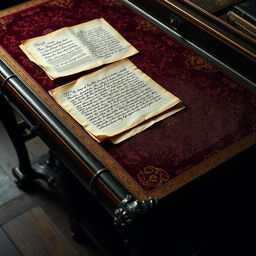 The desk is an antique furniture piece crafted from dark wood, featuring intricate carvings along its edges and legs