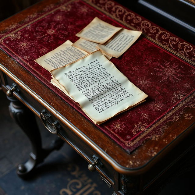 The desk is an antique furniture piece crafted from dark wood, featuring intricate carvings along its edges and legs