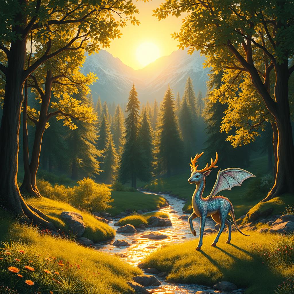 A serene and enchanting fantasy landscape, featuring a lush, vibrant forest filled with towering trees and a glistening stream flowing gently through the scene