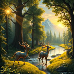 A serene and enchanting fantasy landscape, featuring a lush, vibrant forest filled with towering trees and a glistening stream flowing gently through the scene