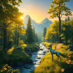 A serene and enchanting fantasy landscape, featuring a lush, vibrant forest filled with towering trees and a glistening stream flowing gently through the scene