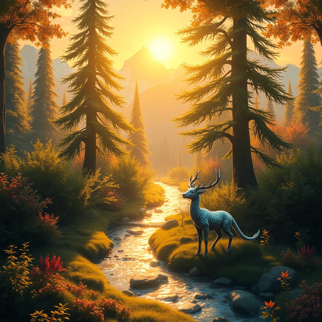 A serene and enchanting fantasy landscape, featuring a lush, vibrant forest filled with towering trees and a glistening stream flowing gently through the scene