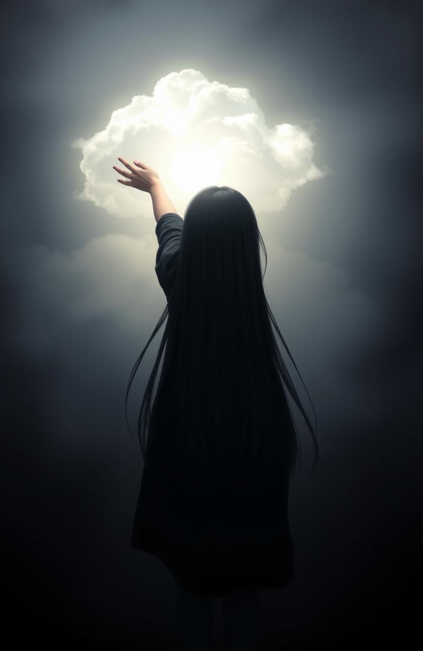 A girl with long black hair and black clothing, viewed from behind, emerging from the shadows