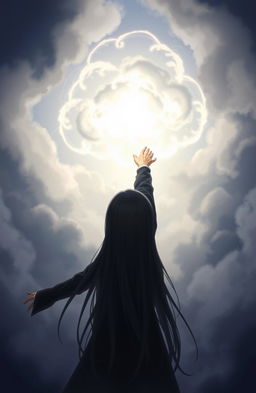 A girl with long black hair and black clothing, viewed from behind, emerging from the shadows