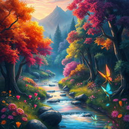 A vibrant digital painting of an enchanted forest, filled with colorful trees and luminescent flowers