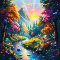 A vibrant digital painting of an enchanted forest, filled with colorful trees and luminescent flowers