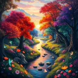 A vibrant digital painting of an enchanted forest, filled with colorful trees and luminescent flowers