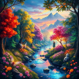 A vibrant digital painting of an enchanted forest, filled with colorful trees and luminescent flowers