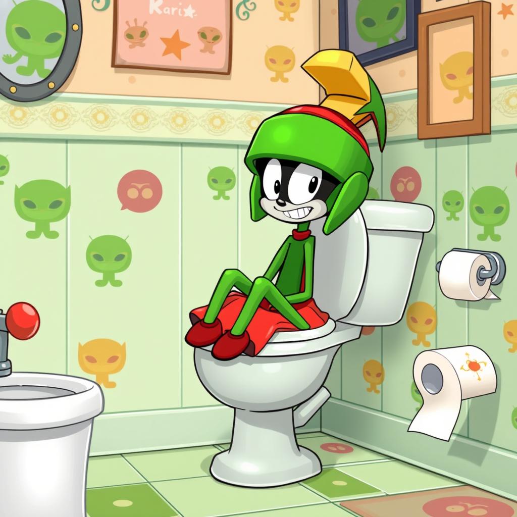 A whimsical, cartoonish scene depicting Marvin the Martian sitting on a classic cartoon toilet, humorously positioned with his iconic helmet and skirt