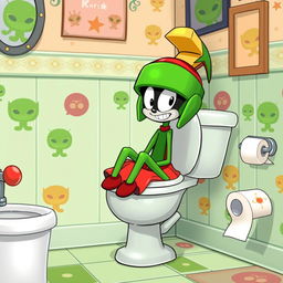 A whimsical, cartoonish scene depicting Marvin the Martian sitting on a classic cartoon toilet, humorously positioned with his iconic helmet and skirt