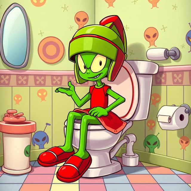 A whimsical, cartoonish scene depicting Marvin the Martian sitting on a classic cartoon toilet, humorously positioned with his iconic helmet and skirt