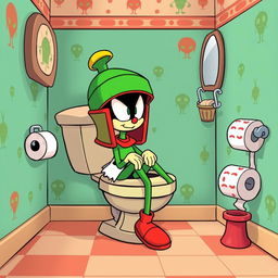 A whimsical, cartoonish scene depicting Marvin the Martian sitting on a classic cartoon toilet, humorously positioned with his iconic helmet and skirt