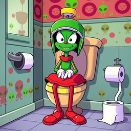 A whimsical, cartoonish scene depicting Marvin the Martian sitting on a classic cartoon toilet, humorously positioned with his iconic helmet and skirt