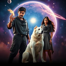 A cinematic magical fantasy film poster featuring a dark-skinned 27-year-old Indian man with short hair, wearing a black shrug and black cargo pants, performing black magic