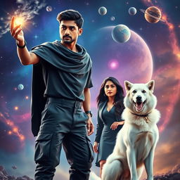 A cinematic magical fantasy film poster featuring a dark-skinned 27-year-old Indian man with short hair, wearing a black shrug and black cargo pants, performing black magic