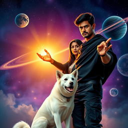 A cinematic magical fantasy film poster featuring a dark-skinned 27-year-old Indian man with short hair, wearing a black shrug and black cargo pants, performing black magic