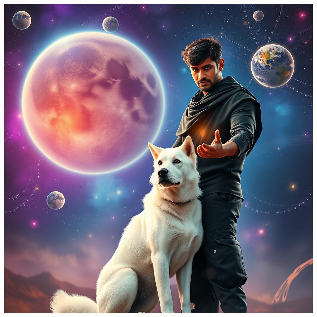 A cinematic magical fantasy film poster featuring a dark-skinned 27-year-old Indian man with short hair, wearing a black shrug and black cargo pants, performing black magic