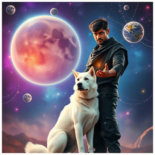 A cinematic magical fantasy film poster featuring a dark-skinned 27-year-old Indian man with short hair, wearing a black shrug and black cargo pants, performing black magic