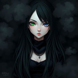 A girl with long black hair, one green eye and one blue eye, wearing black clothing