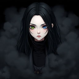 A girl with long black hair, one green eye and one blue eye, wearing black clothing