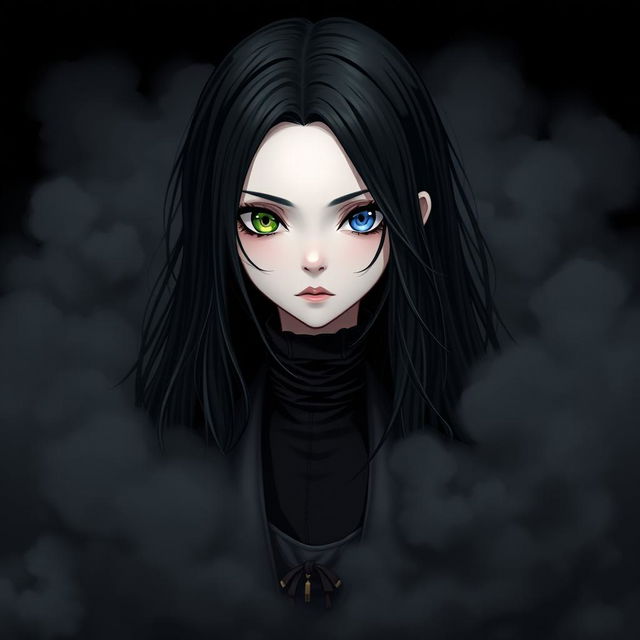 A girl with long black hair, one green eye and one blue eye, wearing black clothing