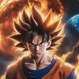 Adapt this vibrant scene to capture Goku and the flame-augmented explorer, both clearly distressed, as tears stream down their faces against the backdrop of an exploding planet.