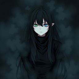 A girl with long black hair, one green eye and one blue eye, wearing black clothing