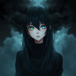 A girl with long black hair, one green eye and one blue eye, wearing black clothing