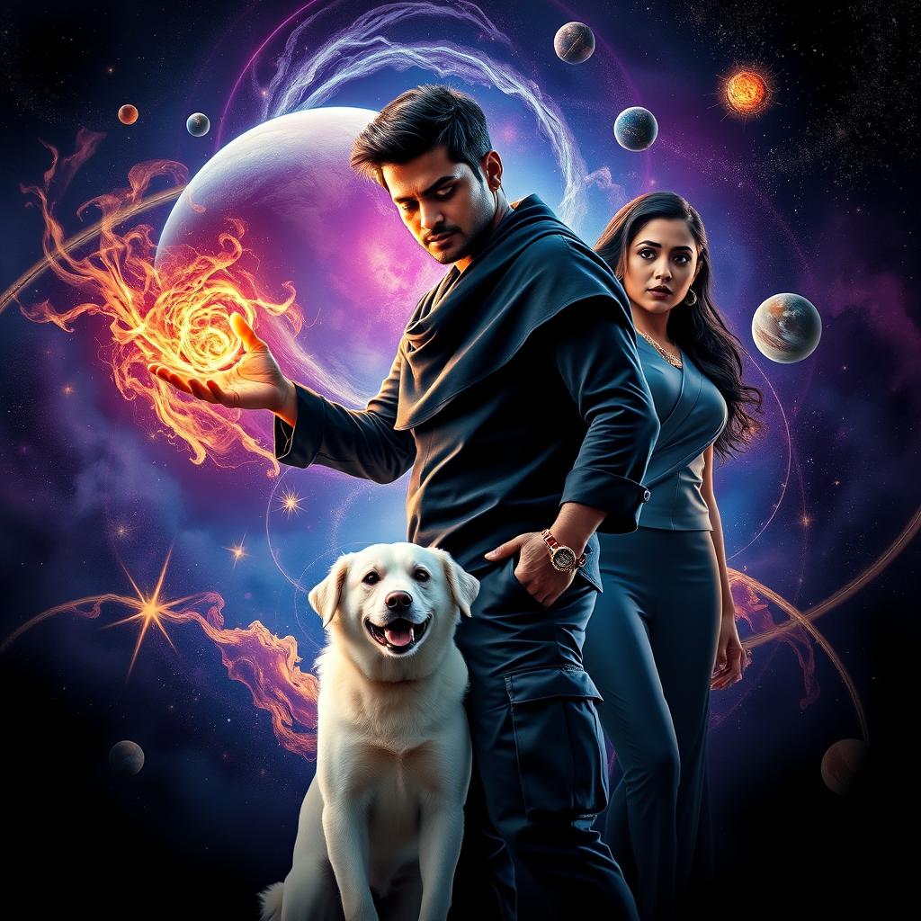 A captivating cinematic magical fantasy film poster depicting a dark-skinned 27-year-old Indian man with short hair, clad in a stylish black shrug and black cargo pants, confidently performing an act of black magic