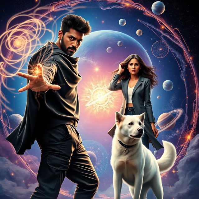 A captivating cinematic magical fantasy film poster depicting a dark-skinned 27-year-old Indian man with short hair, clad in a stylish black shrug and black cargo pants, confidently performing an act of black magic