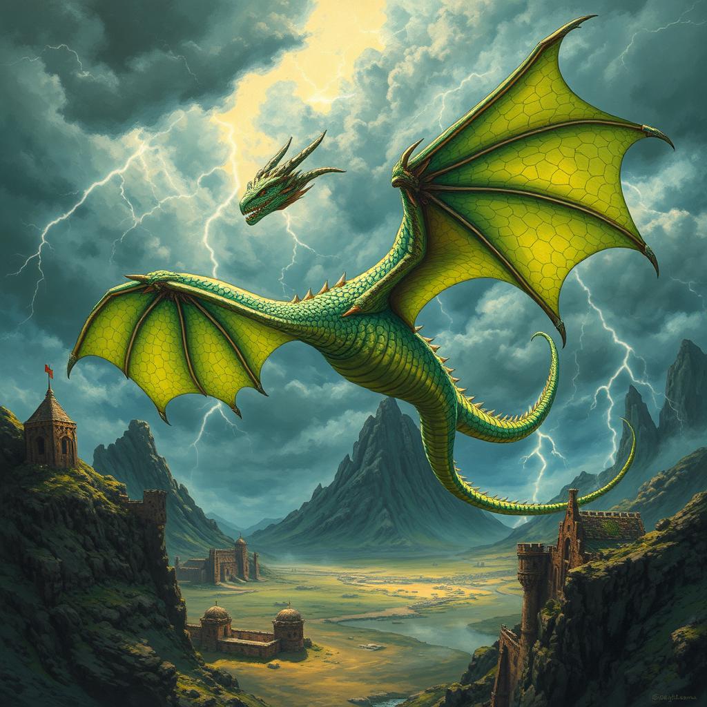 An epic fantasy scene featuring a powerful dragon soaring majestically through a stormy sky, its scales shimmering in various shades of emerald green and gold