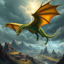 An epic fantasy scene featuring a powerful dragon soaring majestically through a stormy sky, its scales shimmering in various shades of emerald green and gold