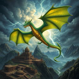 An epic fantasy scene featuring a powerful dragon soaring majestically through a stormy sky, its scales shimmering in various shades of emerald green and gold