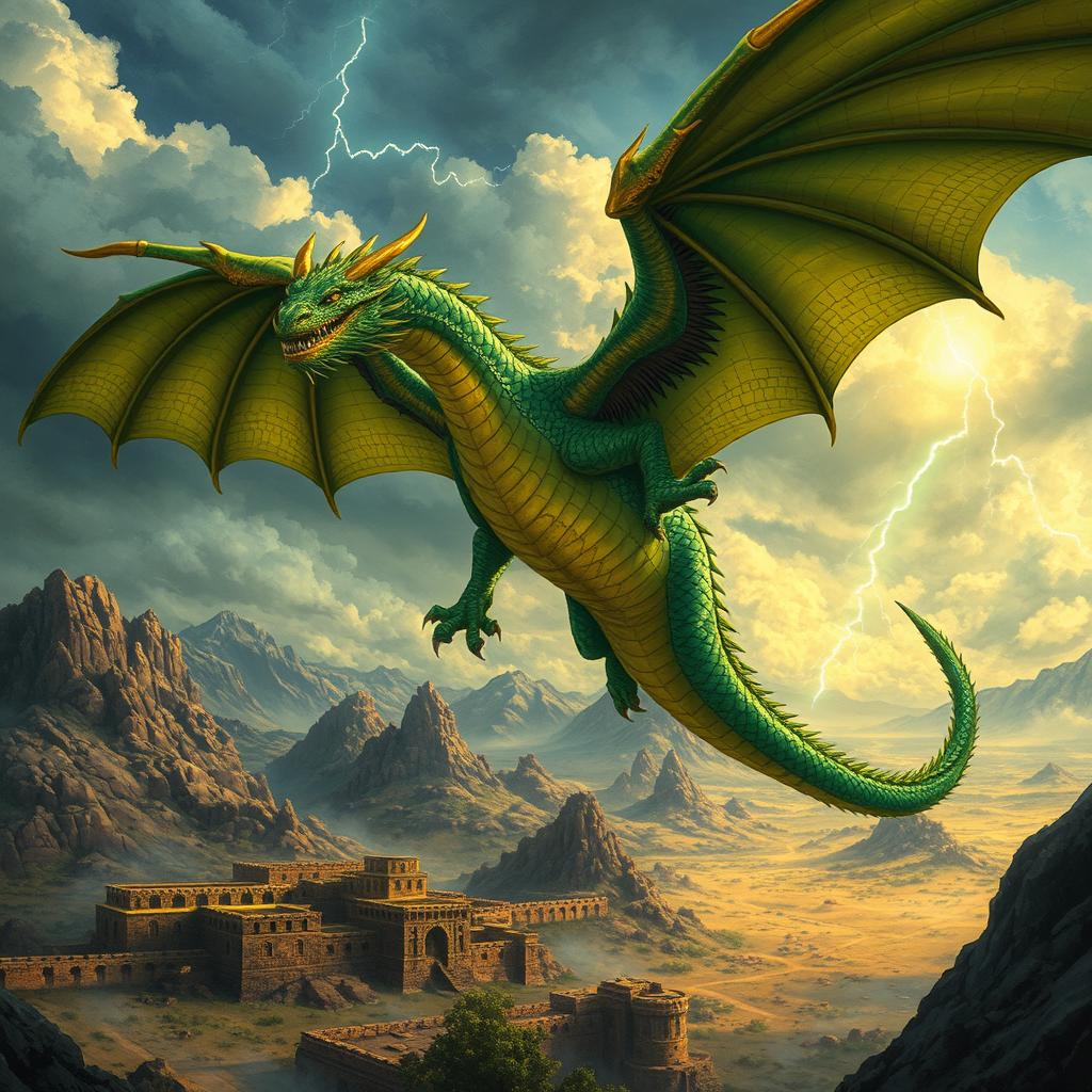 An epic fantasy scene featuring a powerful dragon soaring majestically through a stormy sky, its scales shimmering in various shades of emerald green and gold