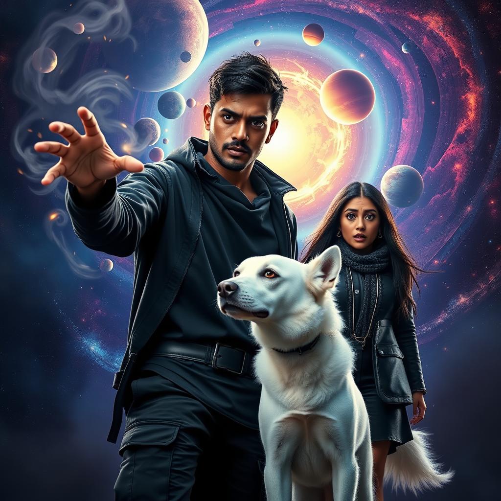 An enthralling cinematic magical fantasy film poster showcasing a dark-skinned 27-year-old Indian man with short hair, dressed in a stylish black shrug and black cargo pants, casting an intricate spell of black magic