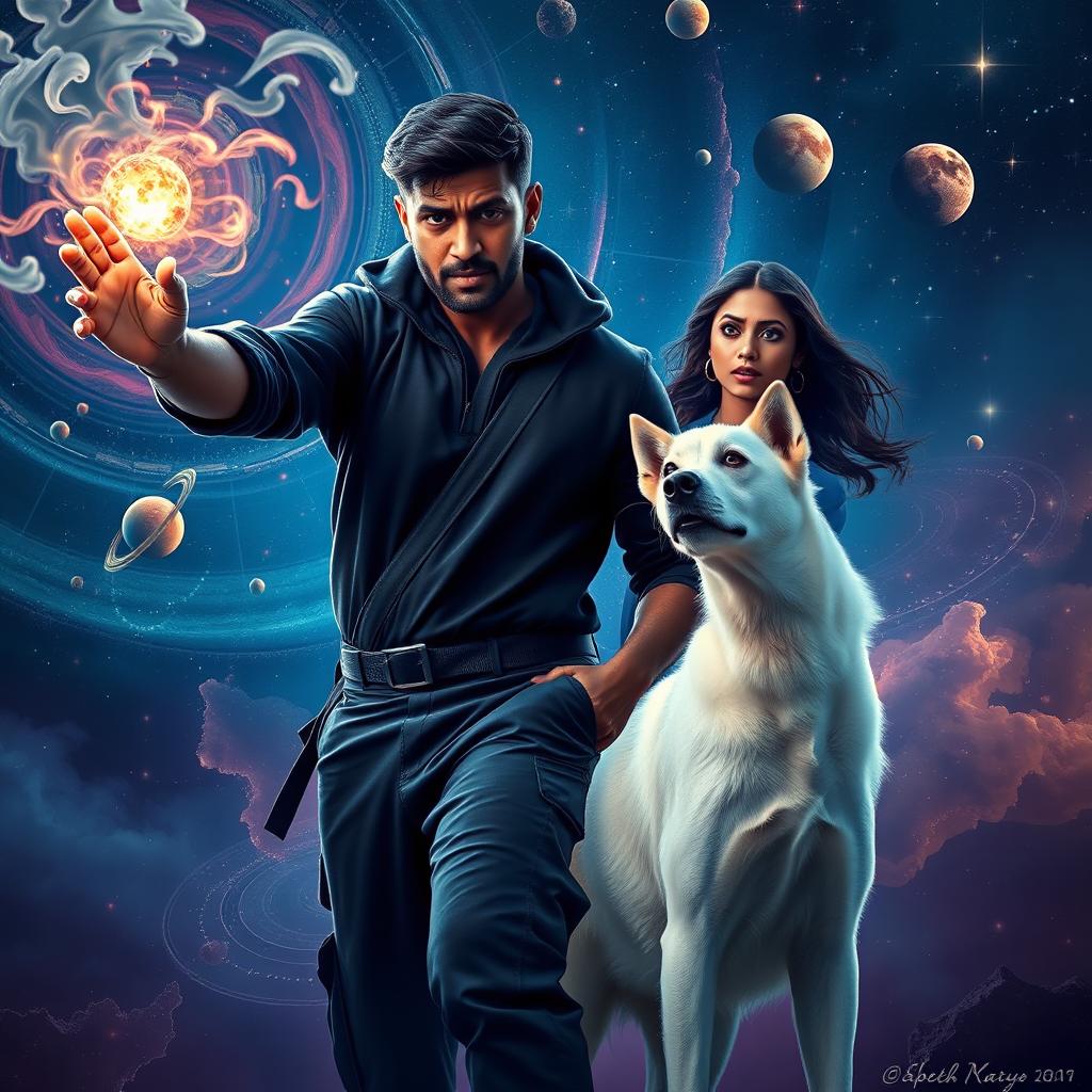 An enthralling cinematic magical fantasy film poster showcasing a dark-skinned 27-year-old Indian man with short hair, dressed in a stylish black shrug and black cargo pants, casting an intricate spell of black magic