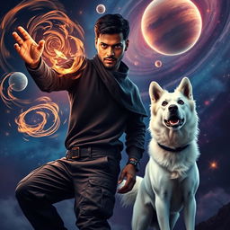 An enthralling cinematic magical fantasy film poster showcasing a dark-skinned 27-year-old Indian man with short hair, dressed in a stylish black shrug and black cargo pants, casting an intricate spell of black magic