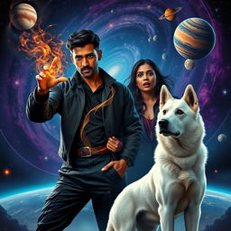 An enthralling cinematic magical fantasy film poster showcasing a dark-skinned 27-year-old Indian man with short hair, dressed in a stylish black shrug and black cargo pants, casting an intricate spell of black magic