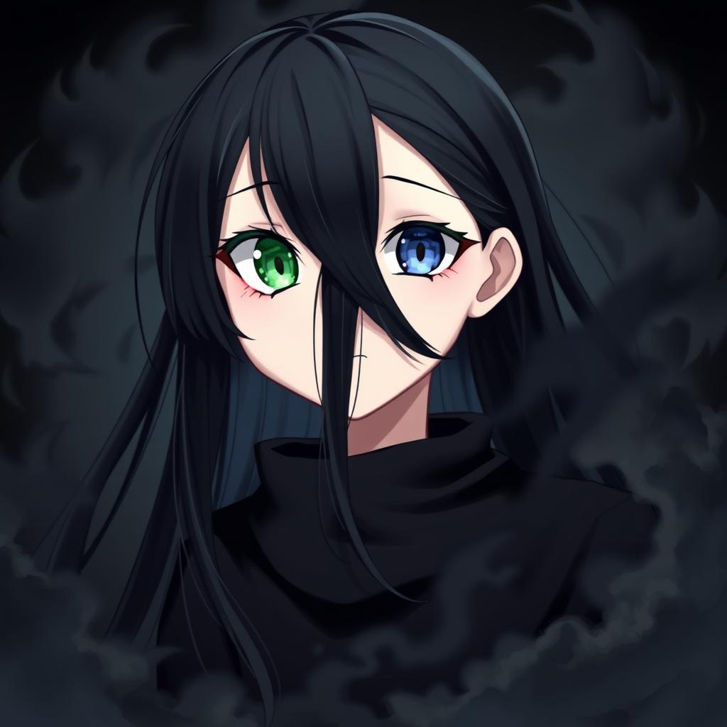 A girl with long black hair, one green eye and one blue eye, wearing black clothing, surrounded by a swirling black cloud