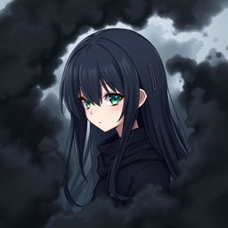 A girl with long black hair, one green eye and one blue eye, wearing black clothing, surrounded by a swirling black cloud