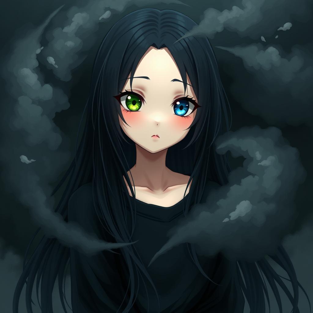 A girl with long black hair, one green eye and one blue eye, wearing black clothing, surrounded by a swirling black cloud