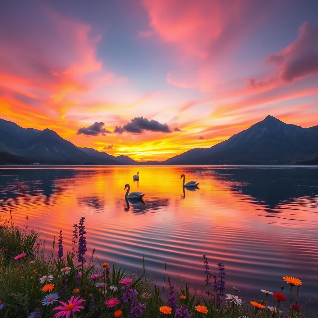 A stunning, serene landscape featuring a vibrant sunset over a tranquil lake surrounded by majestic mountains