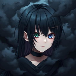 A girl with long black hair, one green eye and one blue eye, wearing black clothing, surrounded by a swirling black cloud