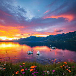 A stunning, serene landscape featuring a vibrant sunset over a tranquil lake surrounded by majestic mountains