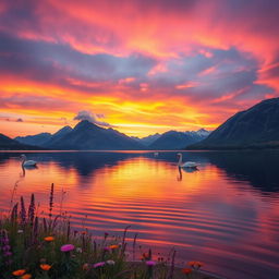 A stunning, serene landscape featuring a vibrant sunset over a tranquil lake surrounded by majestic mountains