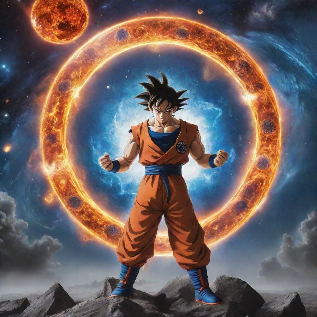 Alter the intense image to include a mysterious and peculiar object piercing the cosmos, catching the grieving Goku's and the explorer's attention amidst the chaos of the exploding planet.